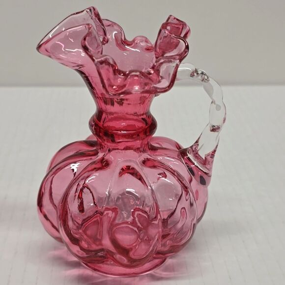 Vintage 60s Fenton Pitcher Vases Cranberry Glass Quilted Melon with Ruffled Edge - Picture 3 of 8